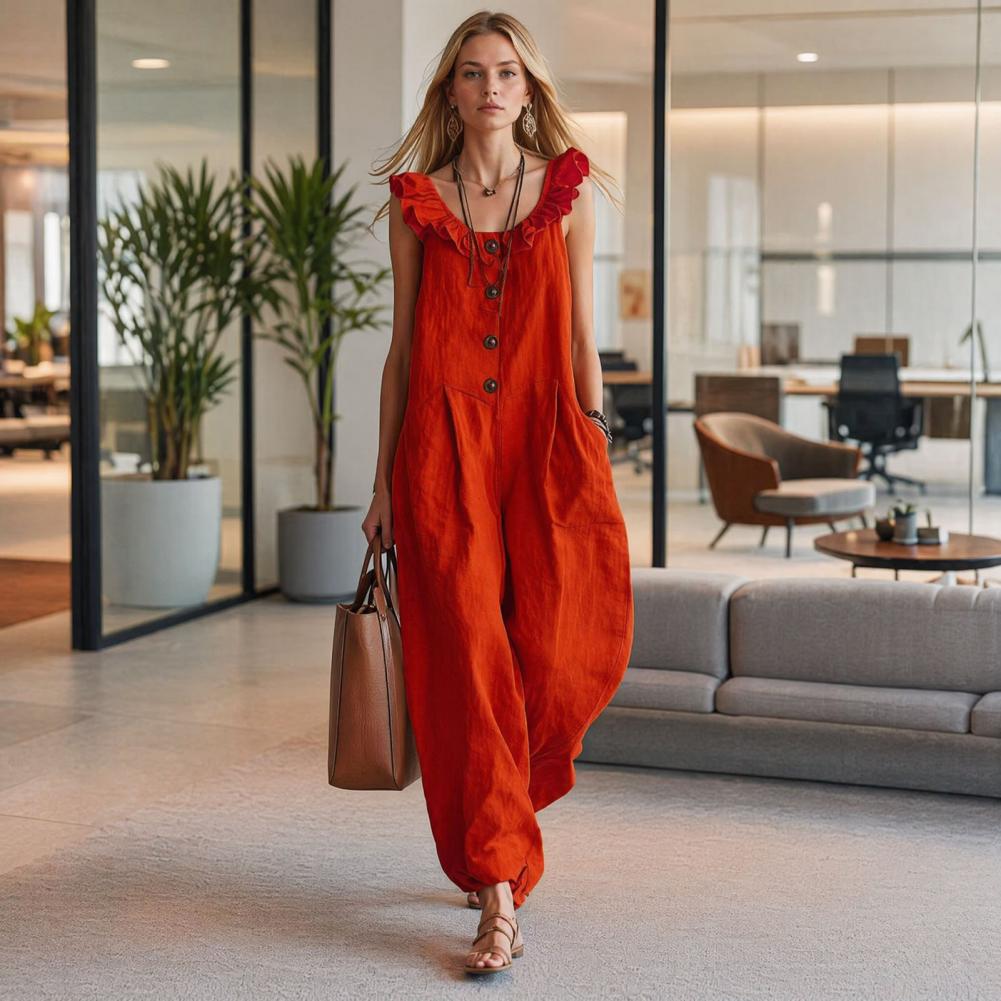 Jumpsuit Linen Relaxed - จั๊มสูทผู้หญิง ระบายอากาศได้ดี ทรงหลวม จั๊มสูทคอปกแต่งระบายสำหรับผู้หญิง มีกระเป๋า จั๊มสูทขากว้างสำหรับฤดูร้อน