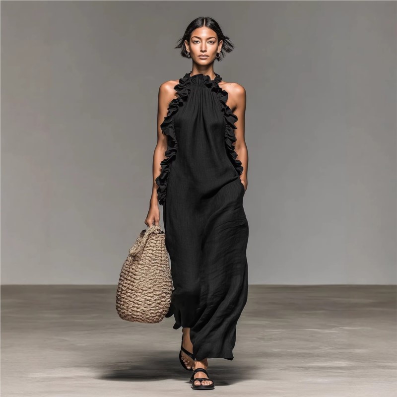 ชุดเดรสยาวผู้หญิงแบบปรับแต่งได - Maxi Dress Halter บทวิจารณ์และราคา